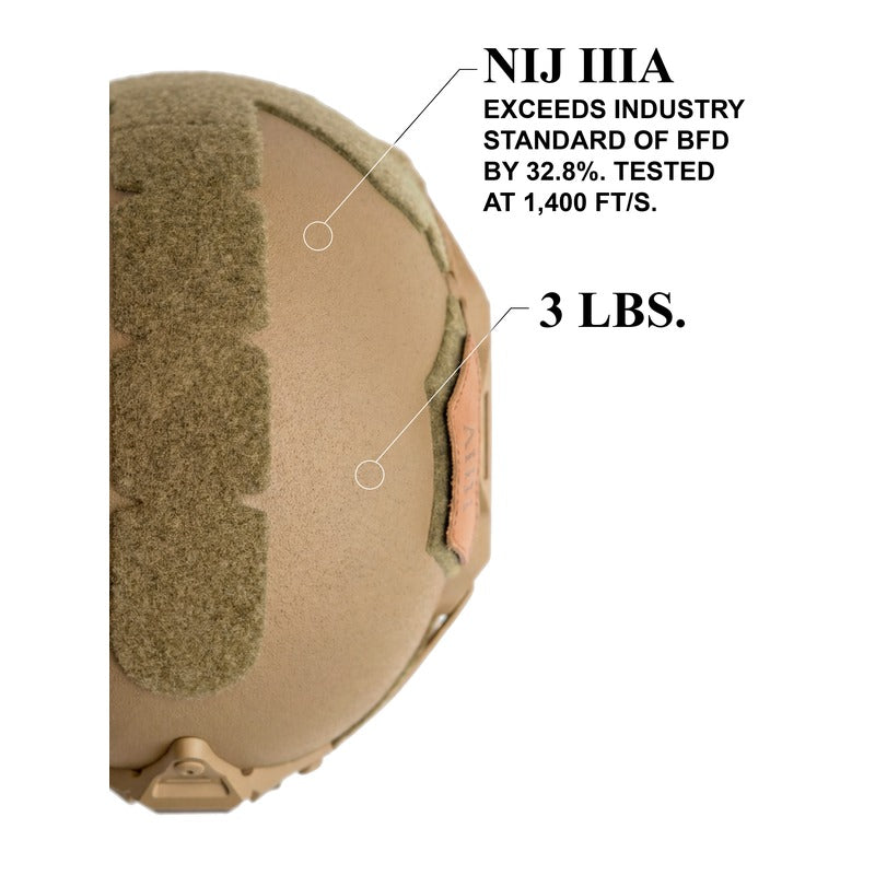 Hard Head Veterans ATE® GEN2 ballistic helmet in tan, NIJ IIIA high-cut design with adjustable straps and padding.