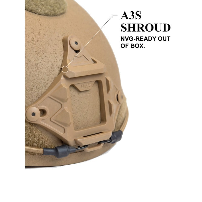 Hard Head Veterans ATE® GEN2 ballistic helmet in tan, NIJ IIIA high-cut design with adjustable straps and tactical features.