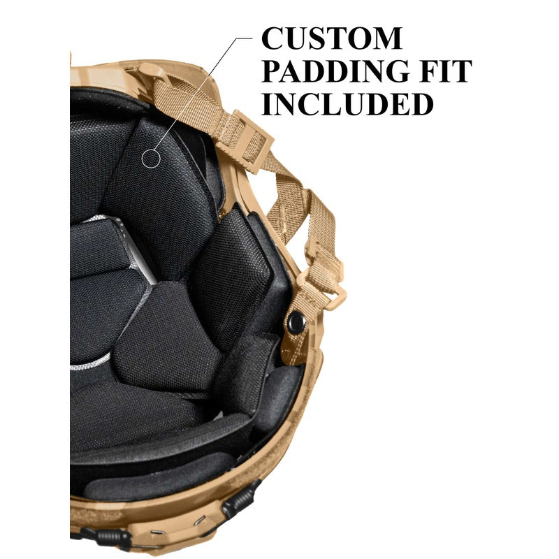 Hard Head Veterans ATE® GEN2 Ballistic Helmet NIJ IIIA high-cut tactical helmet in tan with padding and adjustable straps.