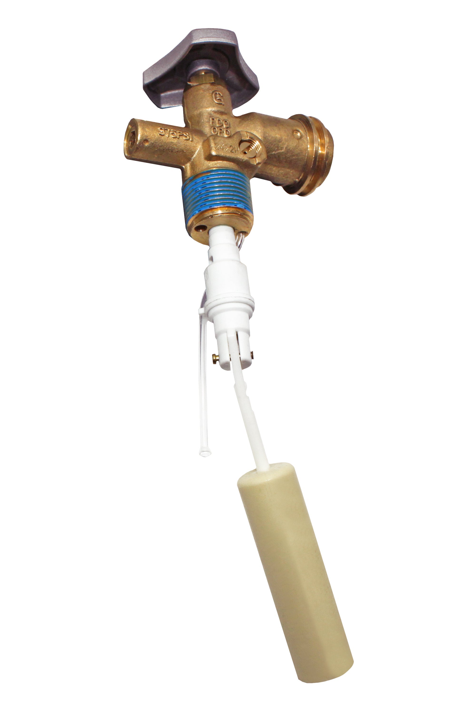 Flame King 20lb OPD valve for horizontal and hog propane cylinders, propane accessories for safe gas cylinder operation.