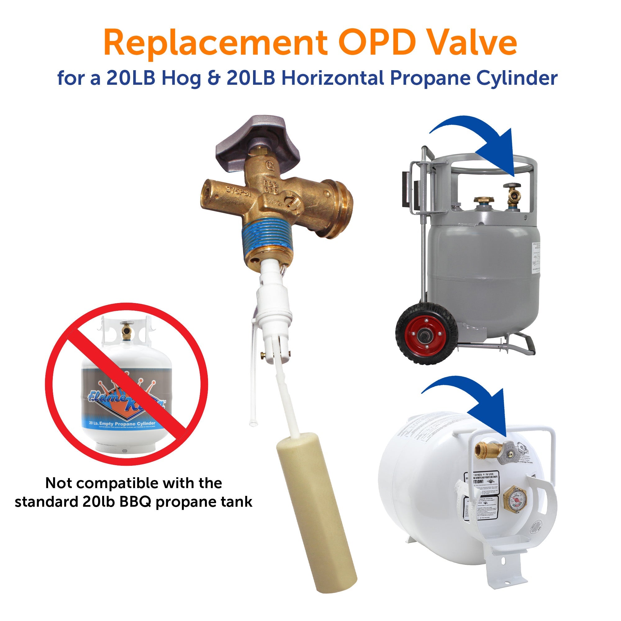 Flame King 20lb OPD valve for horizontal or hog propane cylinders, propane accessories for secure gas connection.