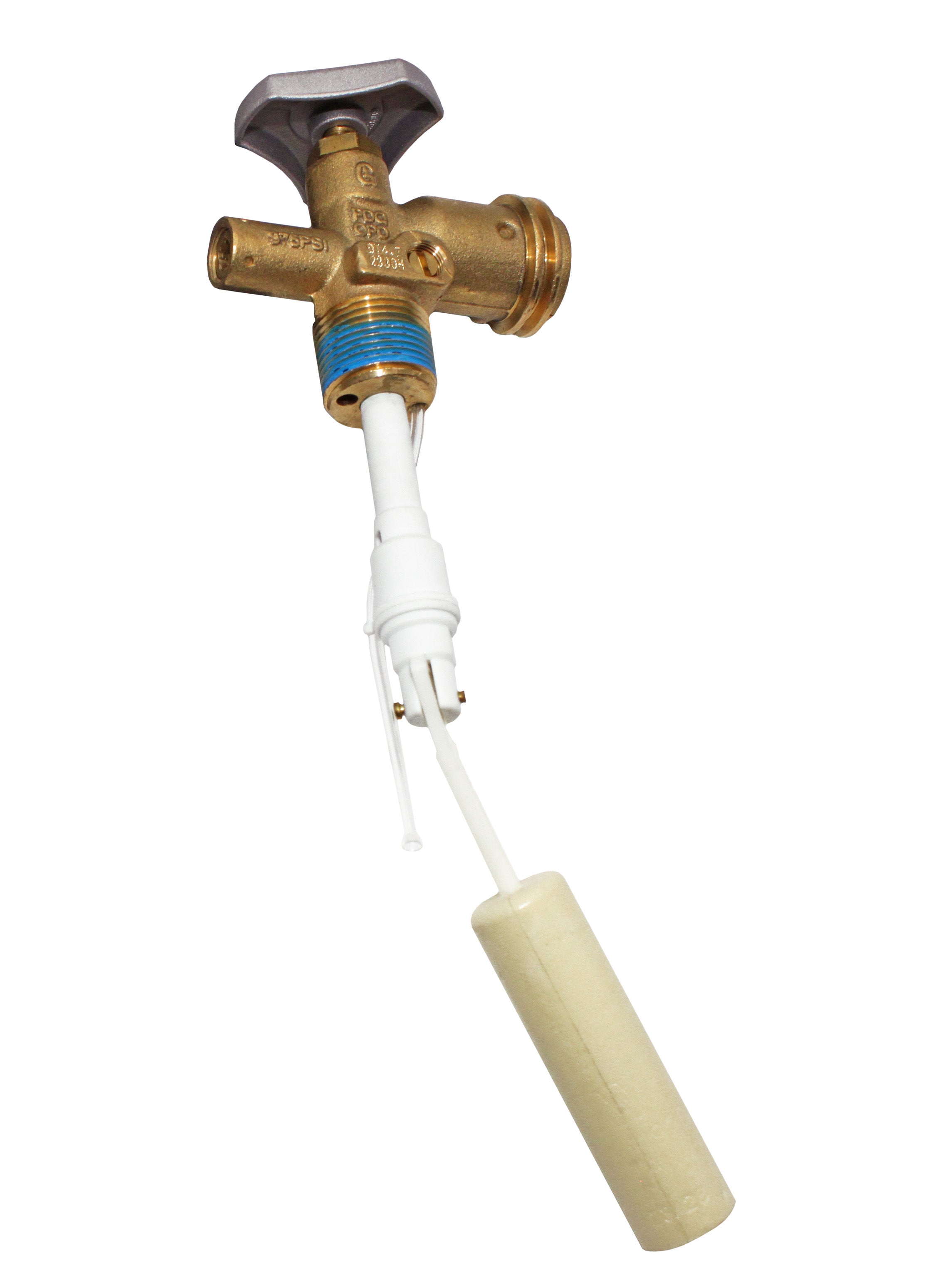 Flame King 30lb OPD valve for hog or horizontal propane cylinder, showcasing the valve's design and connection features.