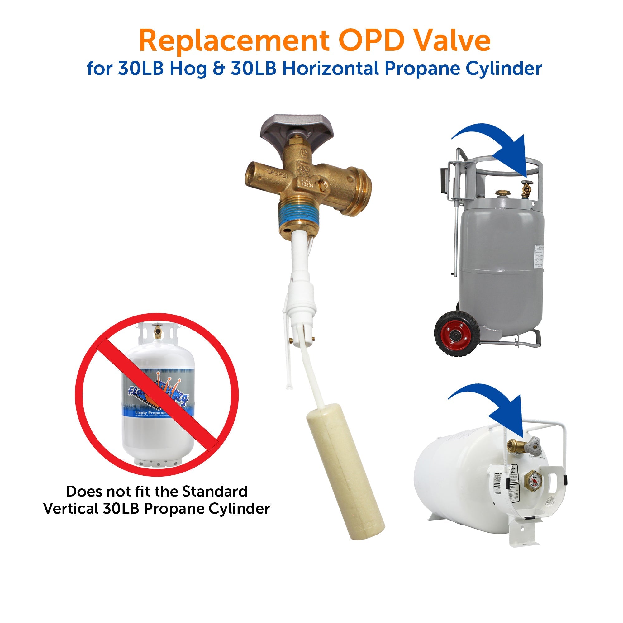 Flame King 30lb OPD valve for hog or horizontal propane cylinder, showcasing a durable design and safety features.