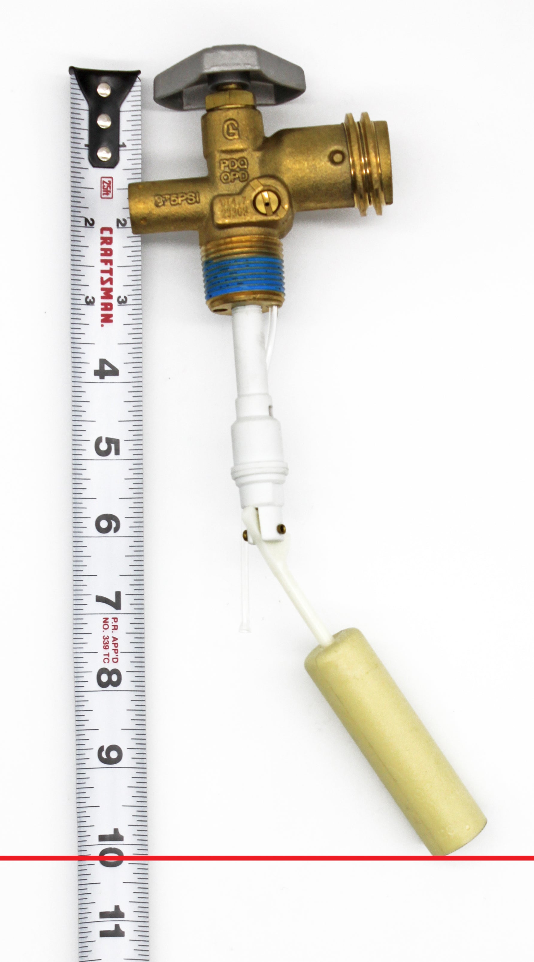 Flame King 30lb OPD valve for hog or horizontal propane cylinder, showcasing its durable design and connection features.