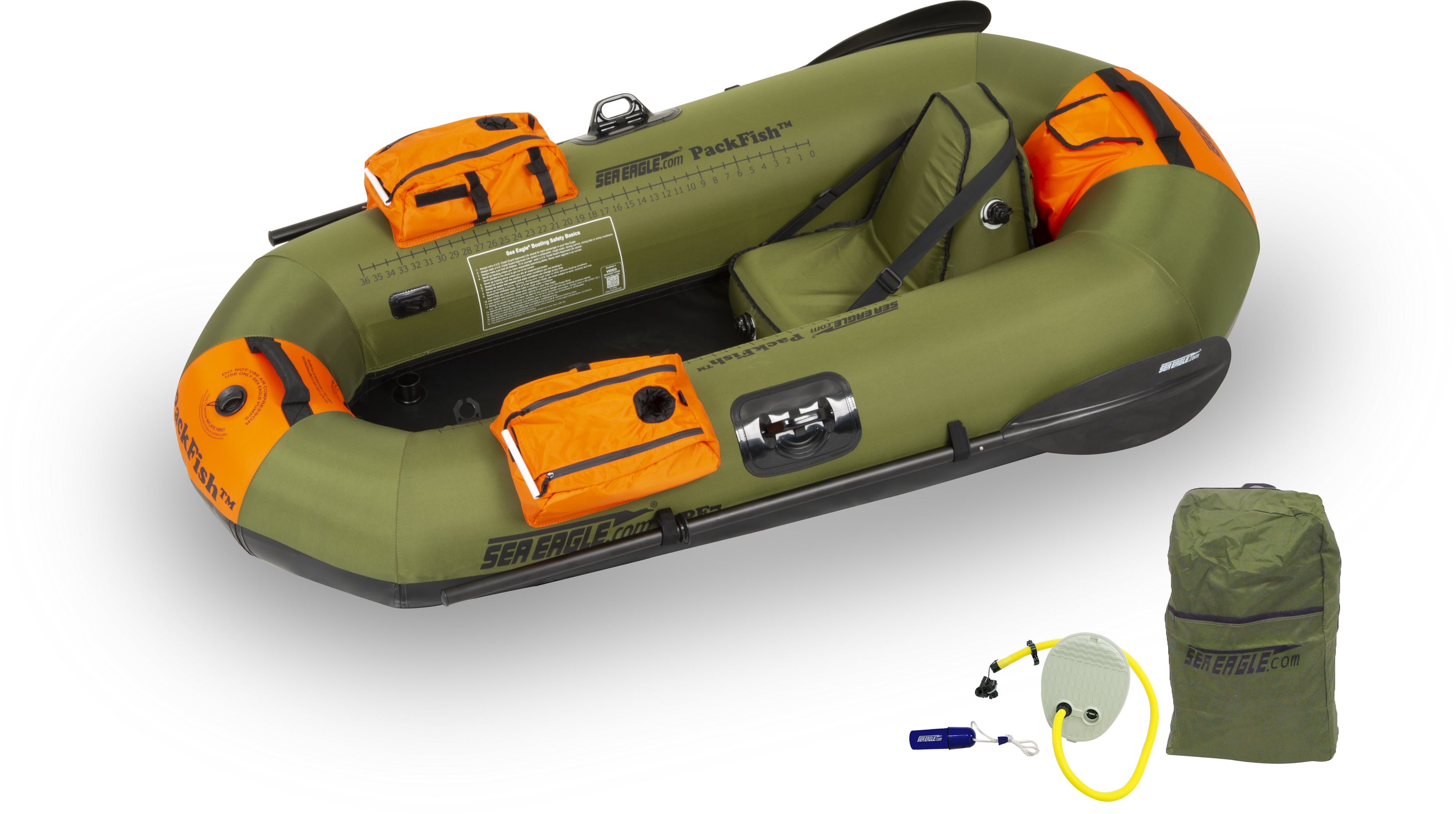 Inflatable PF7 PackFish™ fishing boat by Backcountry Sportsman with deluxe fishing gear in a natural outdoor setting.