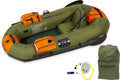 Inflatable PF7 PackFish™ fishing boat in orange with paddles and camping gear, designed for outdoor fishing adventures.