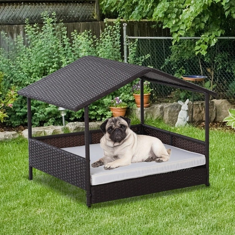 Espresso Wicker Weather Resistant Raised Dog Bed House with 2 in Thick Cushion - OVERLANDERS Outfitter