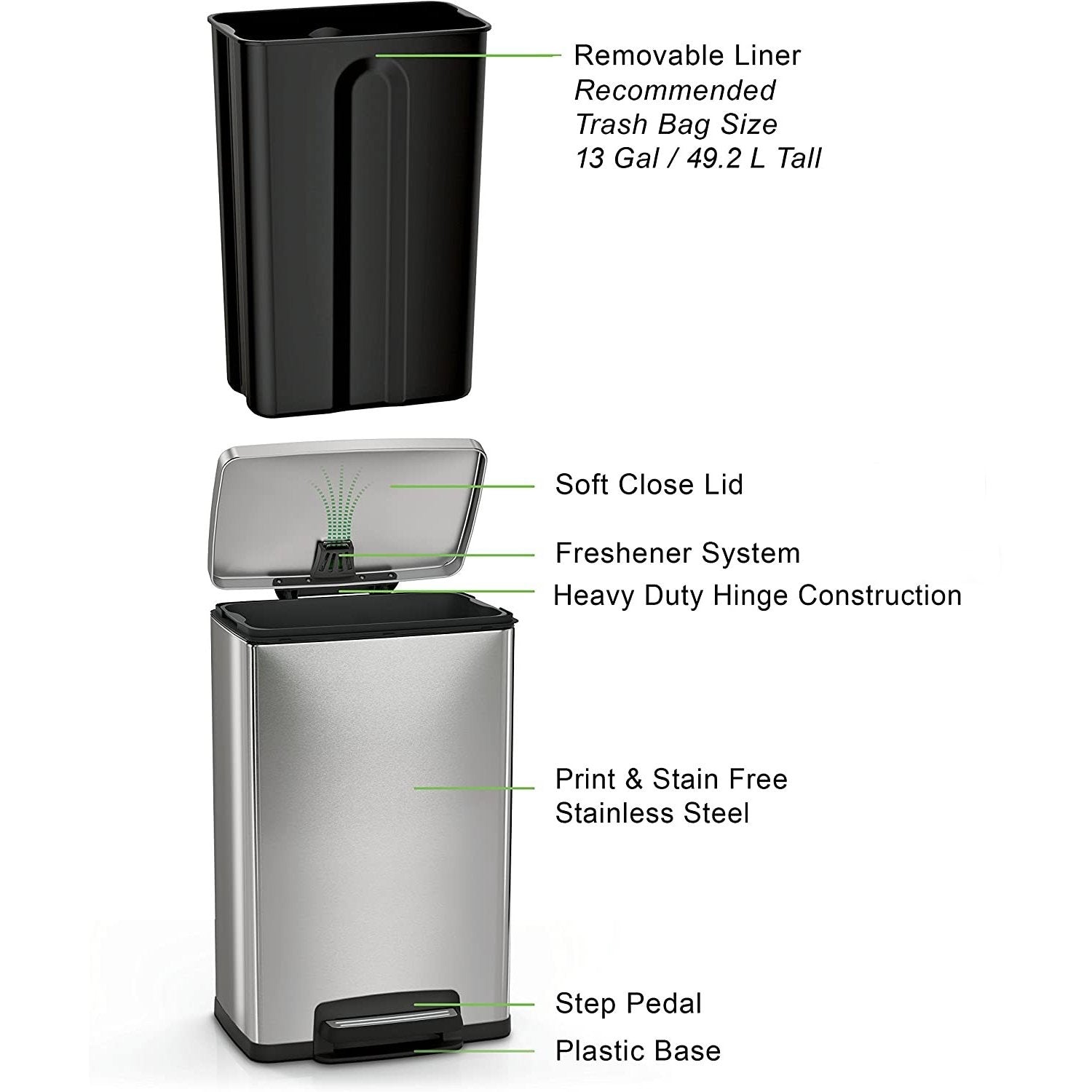 Stainless steel 13-gallon kitchen trash can with step lid and pedal for hands-free disposal, from HomePacific.