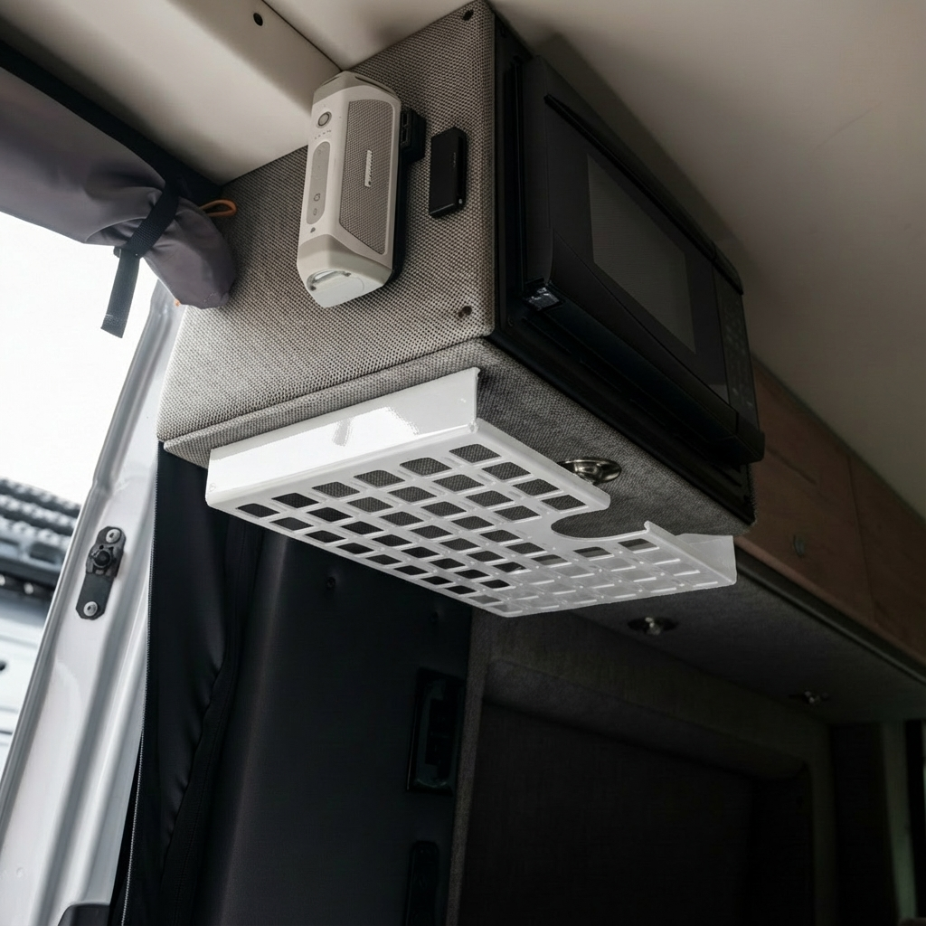 Passenger side Storyteller Undercabinet Shelf by Canyon Adventure Vans, made in Utah, mounted under cabinet with wood finish