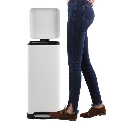 White 8-gallon retro stainless steel step-on trash can by HomePacific, with foot pedal for hands-free waste disposal.