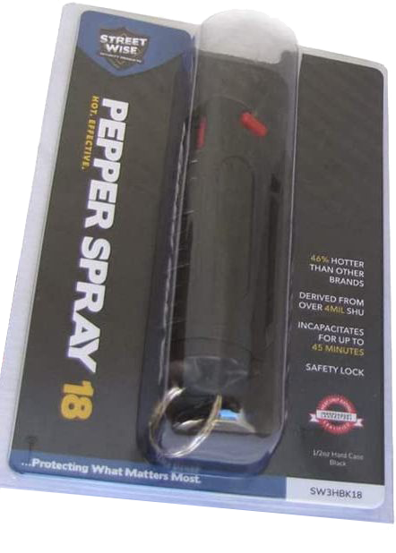 Pepper spray key ring with 1/2 oz spray, attached to a compact carrying pouch, designed for personal safety and easy access.