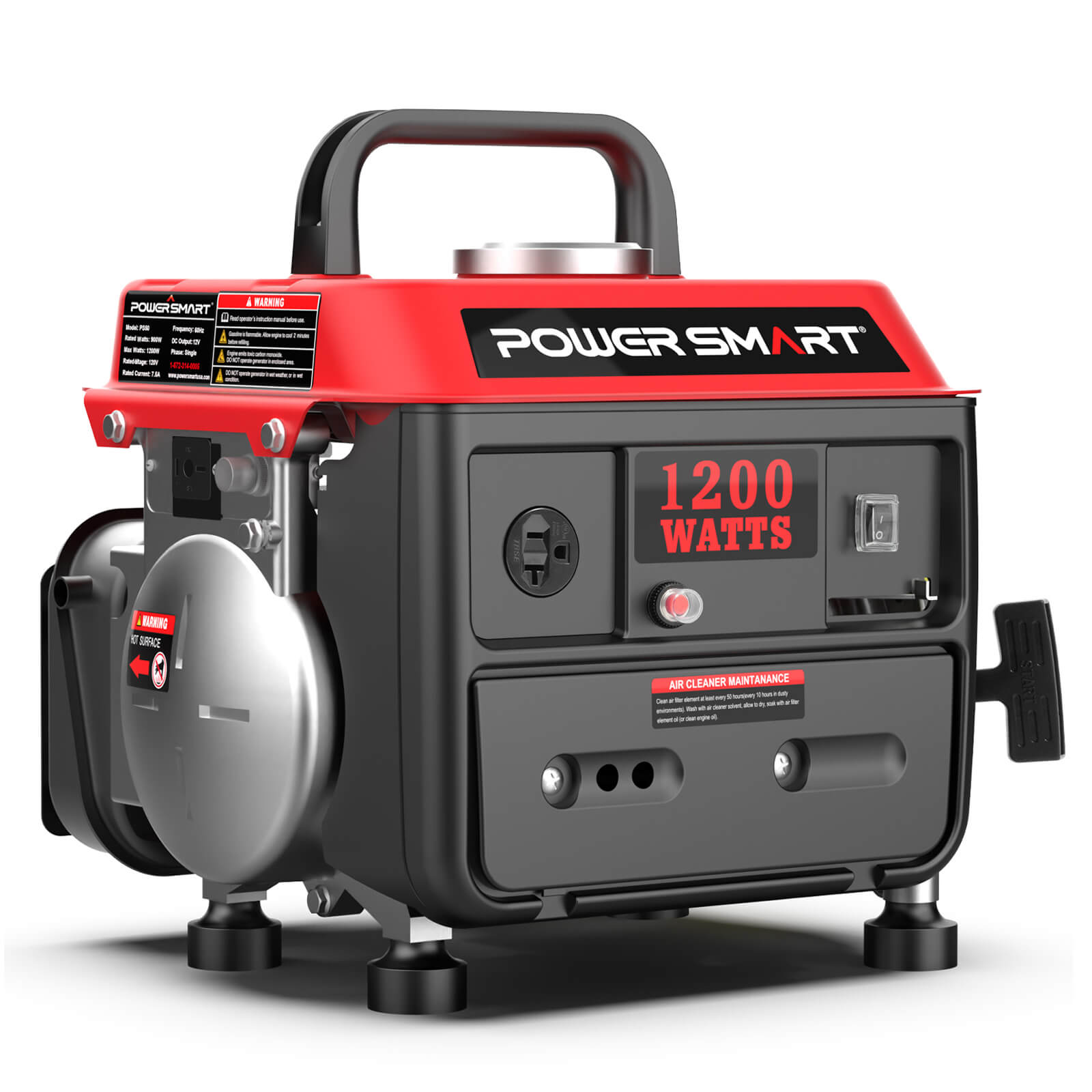 PowerSmart 1200W 2-stroke outdoor generator with compact design and control panel, ideal for portable power needs.