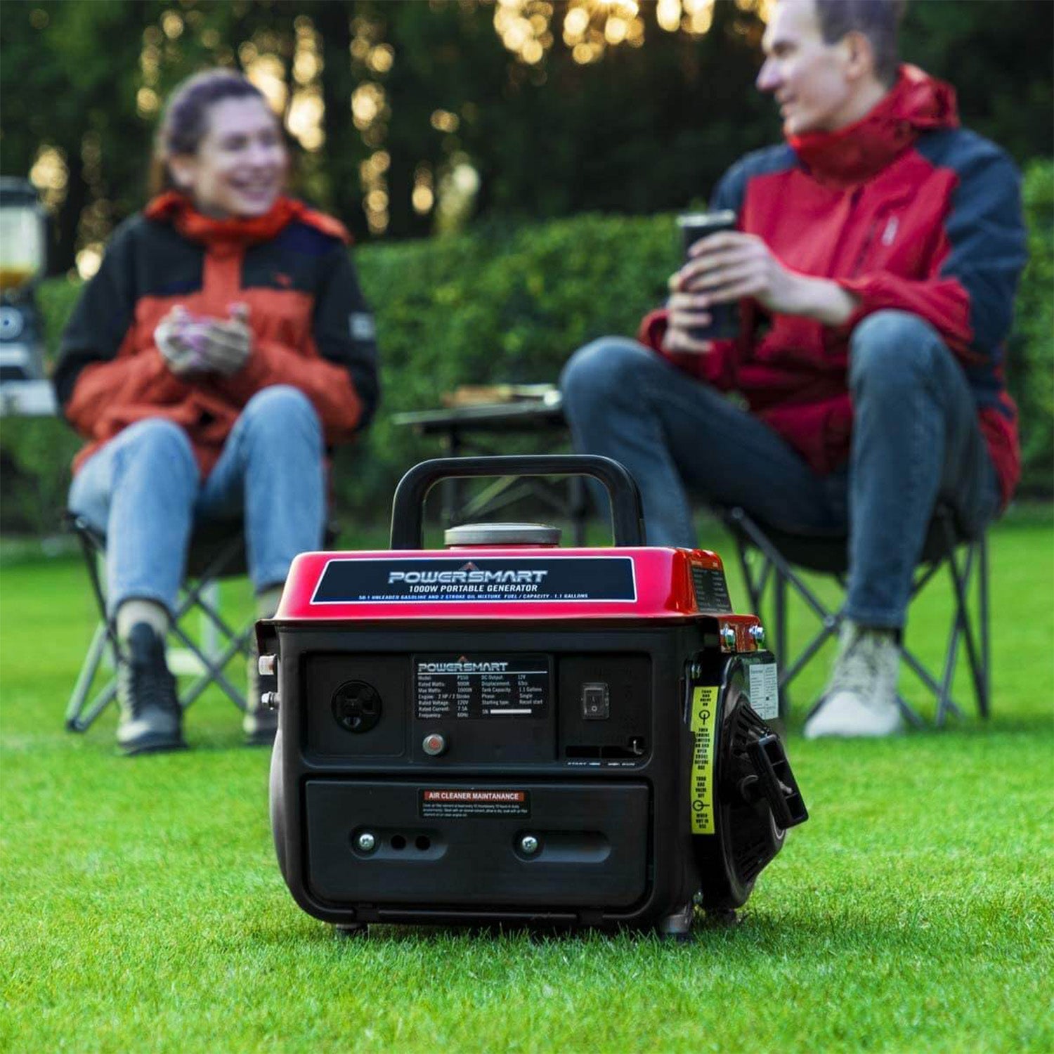PowerSmart 1200W 2-stroke outdoor generator with fuel tank, control panel, and handle for portable power supply.