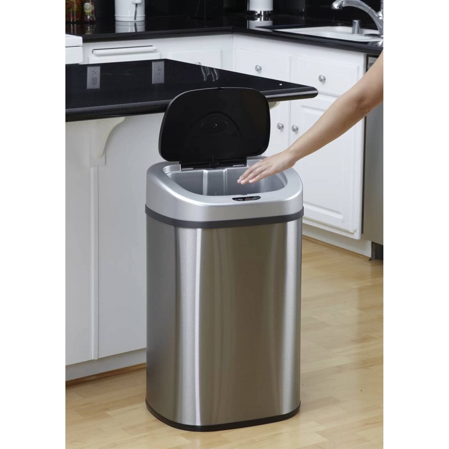 Stainless steel 21-gallon kitchen trash can with motion sensor lid by HomePacific, featuring a sleek modern design.