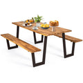 Modern wooden picnic table with two matching benches, outdoor patio dining set by HomePacific, ideal for outdoor gatherings.