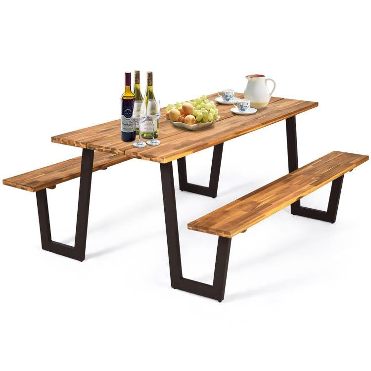 Modern wooden picnic table with two benches, outdoor patio dining set by HomePacific, ideal for outdoor gatherings and seating.