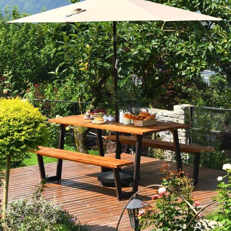 Modern wooden picnic table with two matching benches, outdoor patio dining set by HomePacific, ideal for outdoor gatherings.
