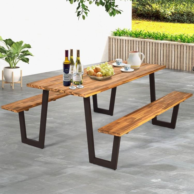 Modern wooden picnic table with two benches, outdoor patio dining set by HomePacific, ideal for outdoor gatherings