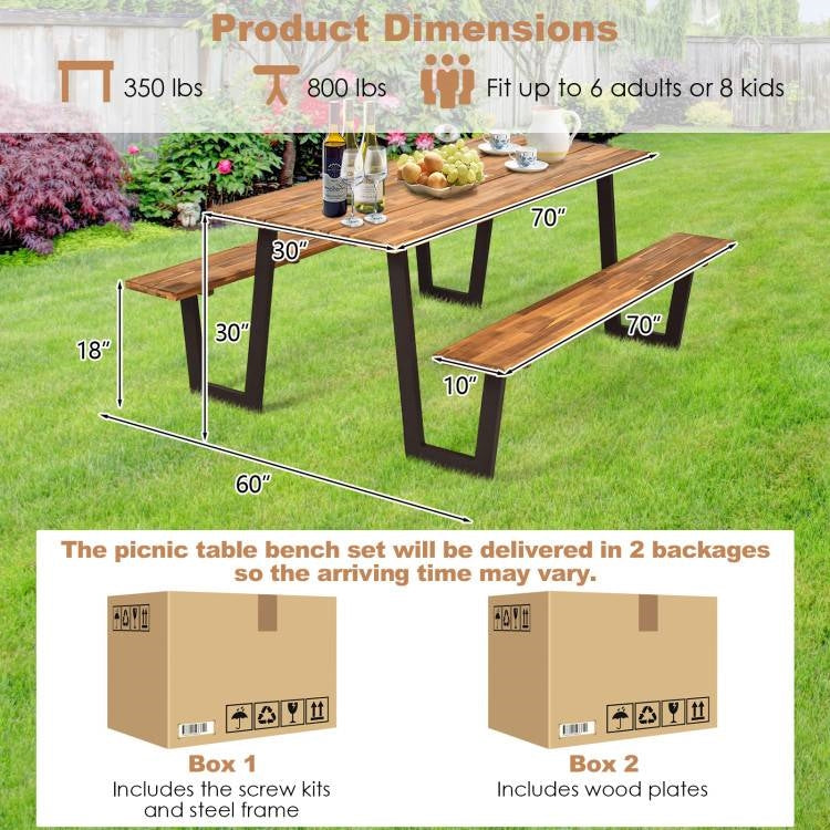 Modern wooden picnic table with two benches, outdoor patio dining set by HomePacific, suitable for outdoor gatherings and meals.
