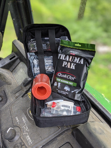 MediTac Kits Premium IFAK Kit featuring a Trauma Pak, CAT Tourniquet, and Hyfin Chest Seal in a compact design.