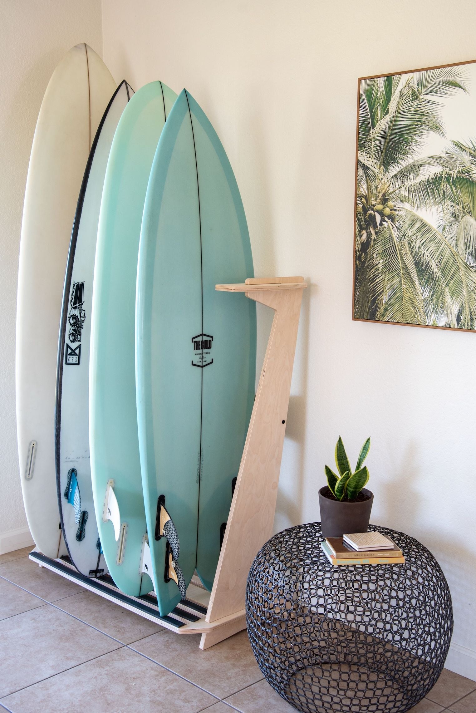 Freestanding Rado Racks Pacifica surfboard rack displaying multiple boards in a stylish, sturdy design.