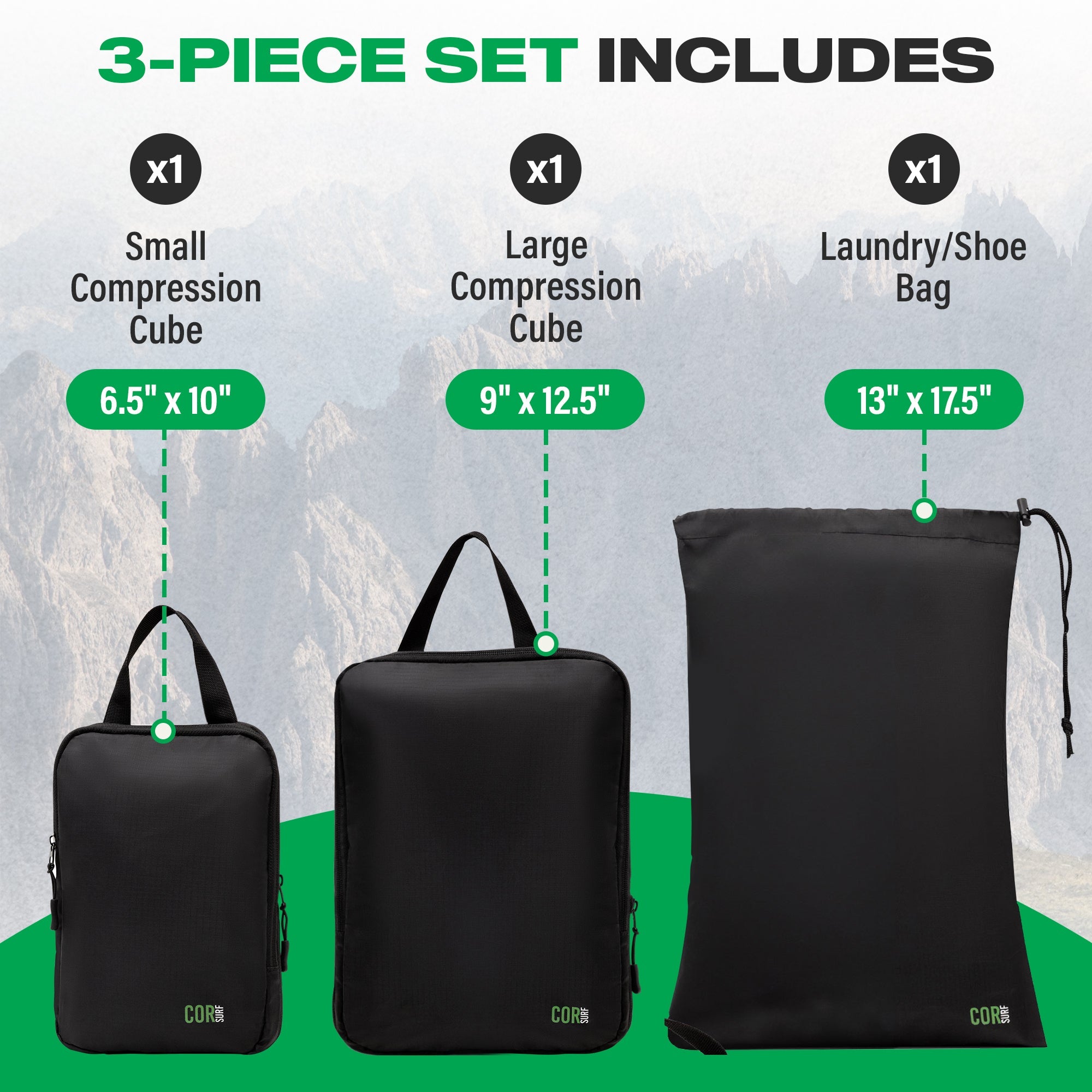 Set of three COR Surf packing cubes in various sizes for organized travel storage and packing convenience.