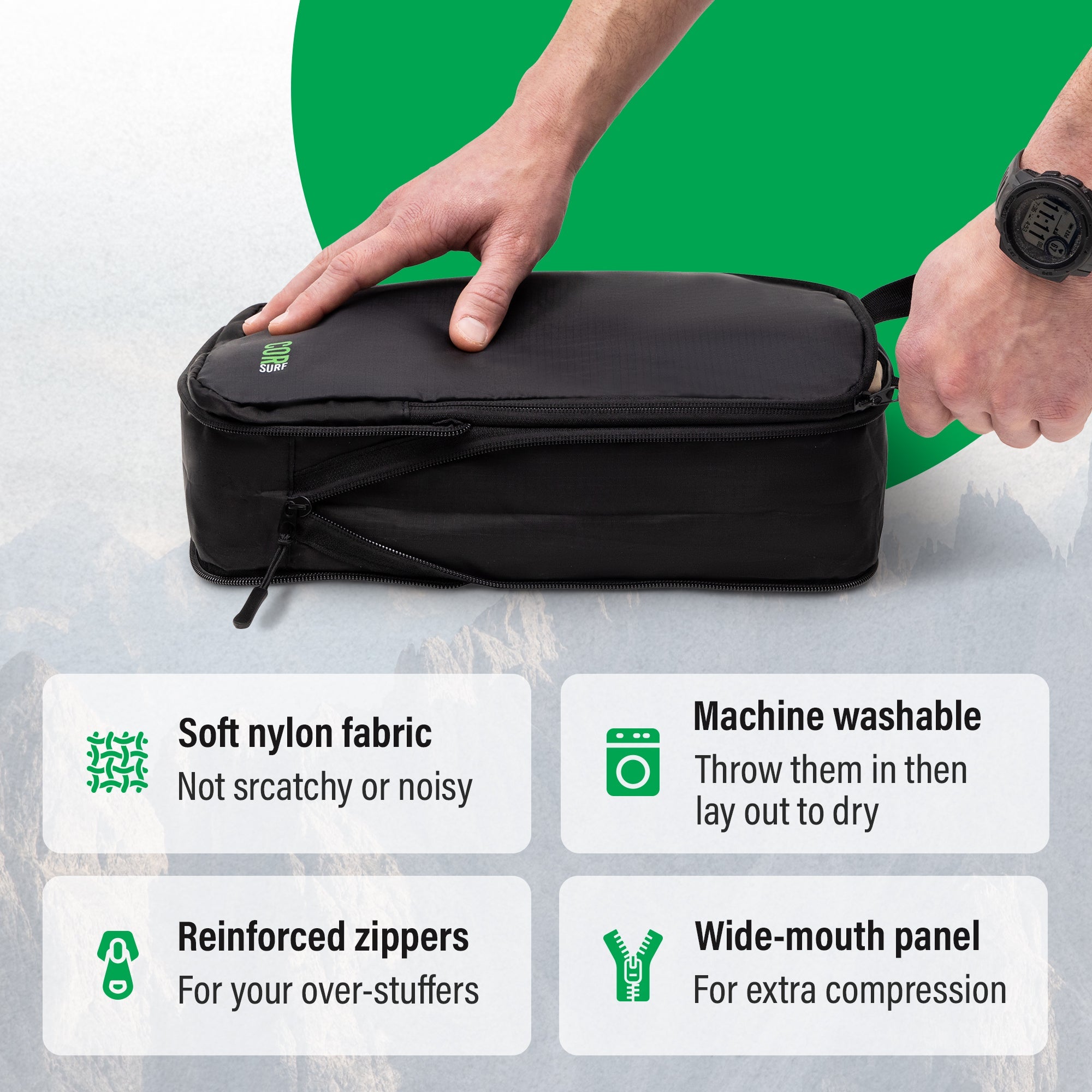 COR Surf Island Hopper travel backpack with packing cubes, showing compression features and organized storage for travel.