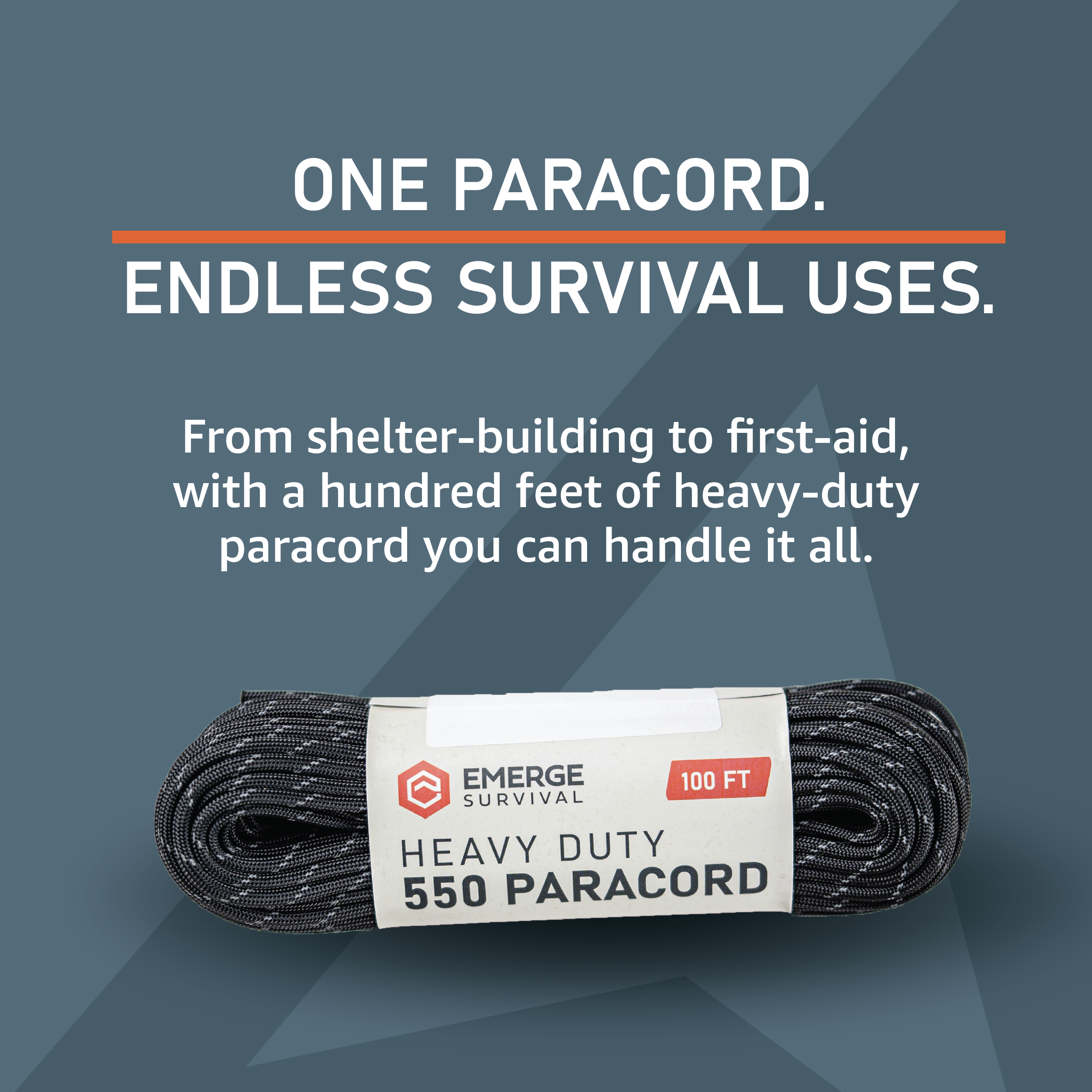 Emerge Survival heavy duty 100ft paracord coiled with multiple strands for camping, outdoor survival, and crafting uses.