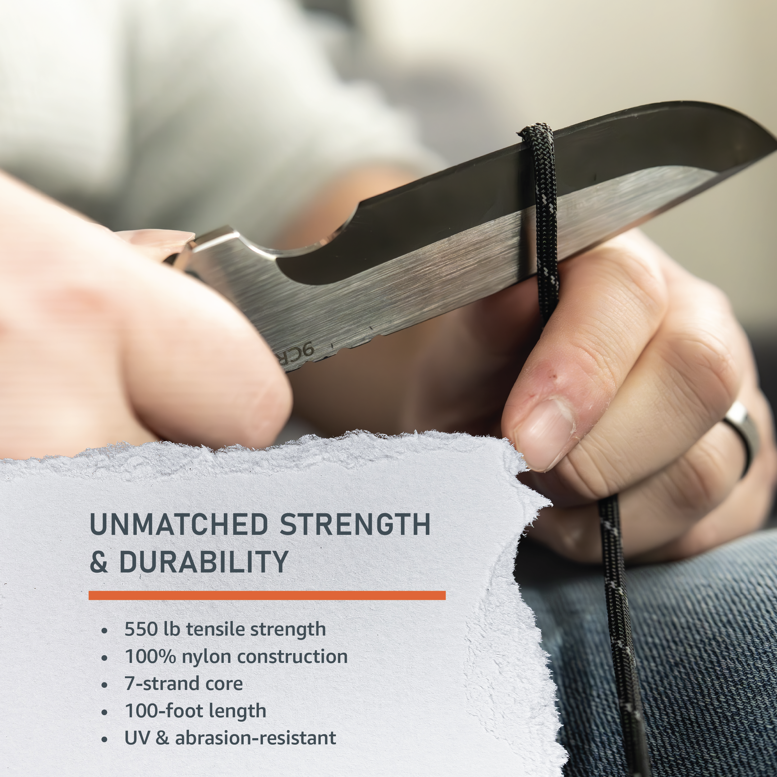 Emerge Survival heavy duty 100ft paracord coiled for outdoor camping, hiking, and survival use with durable nylon construction.