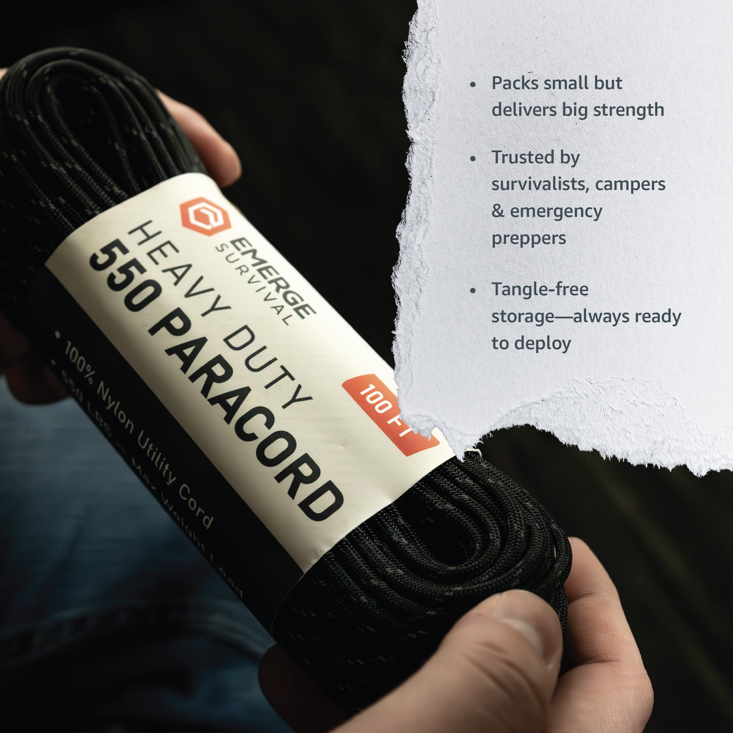 Emerge Survival heavy duty 100ft paracord coiled for outdoor camping, survival, and DIY projects.