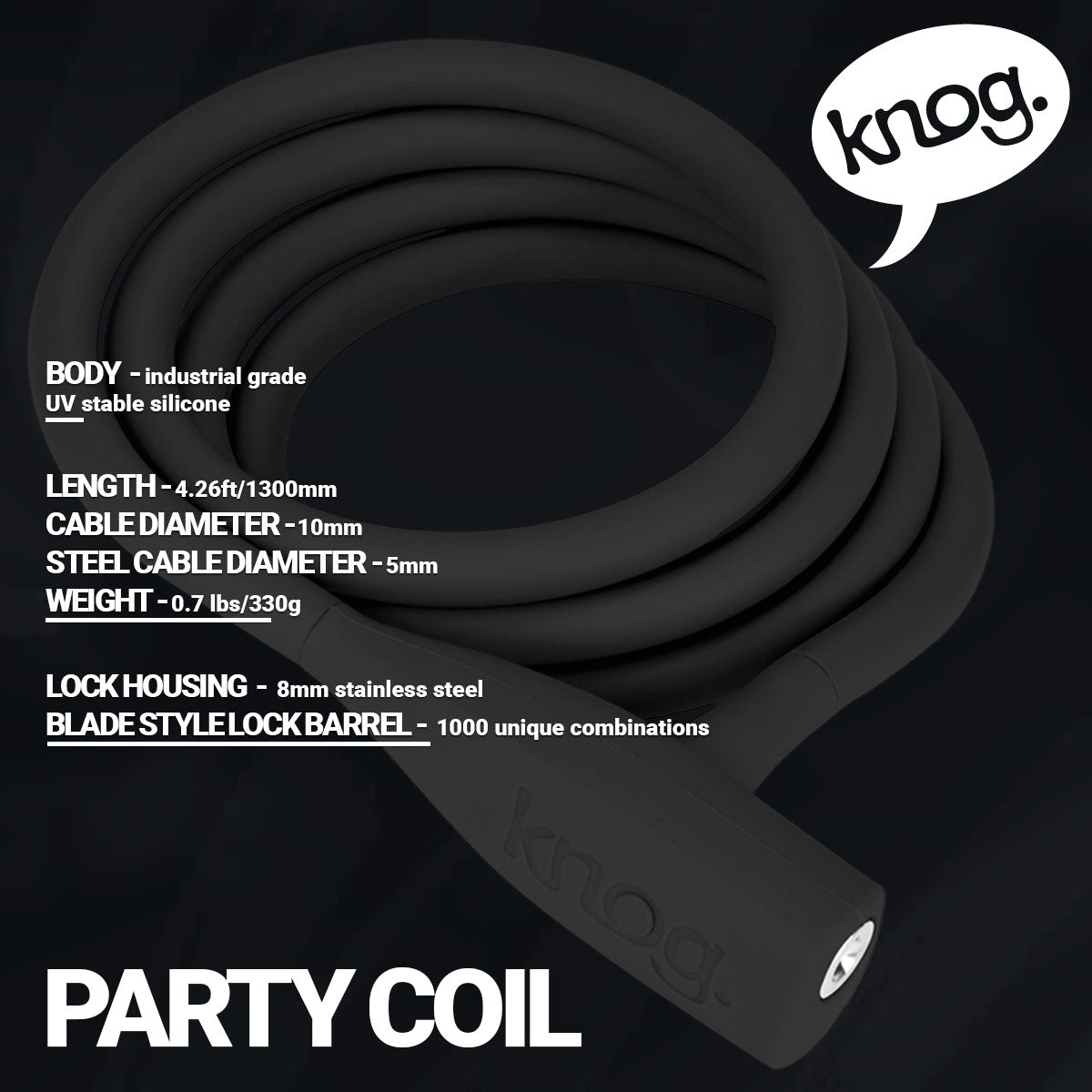 Knog Party Coil cable lock by ZEITBIKE, coiled metal lock with protective covering for securing bikes.