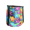 A cylindrical cooler bag with a vibrant multicolor tropical floral print featuring hibiscus flowers in shades of blue, purple, orange, and green. It has black webbing handles and a white brand label that reads 'PARTY WAVE SUPPLIES'.