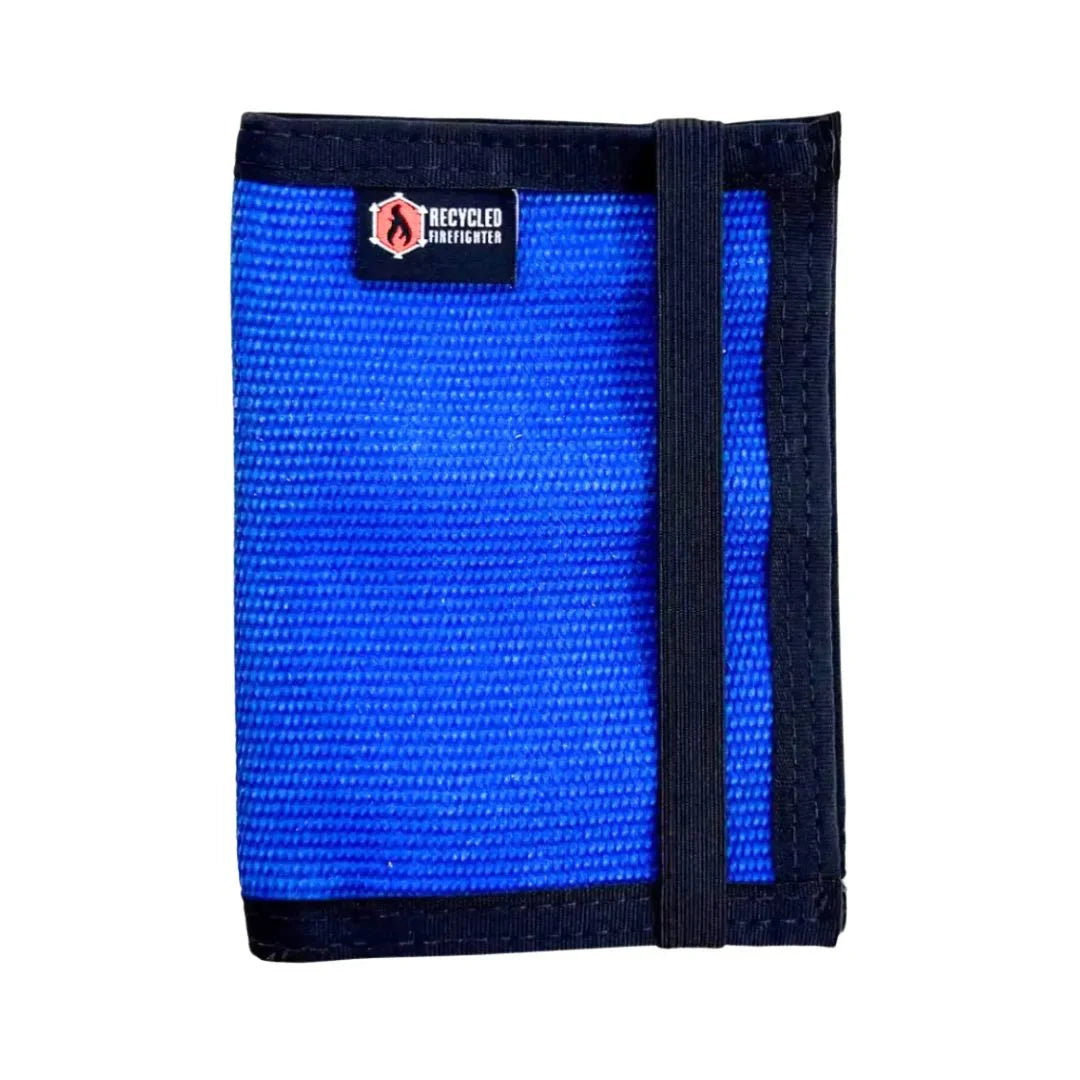 Recycled Firefighter Passport Notebook Wallet Firehose Edition in blue and black, made from recycled firehose material.