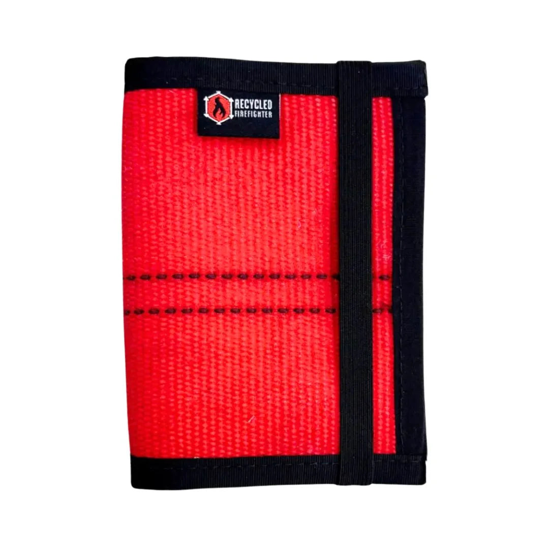 Red and black Recycled Firefighter Passport Notebook Wallet Firehose Edition with durable design and multiple compartments.