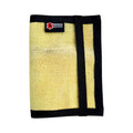 Recycled Firefighter Passport notebook wallet in vintage yellow and black firehose material, compact and durable for travel.