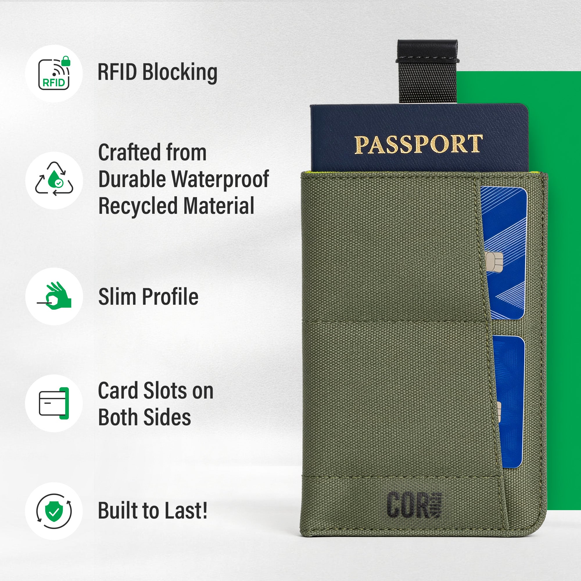 COR Surf spring break travel bundle with a compact RFID passport wallet and sleeve for secure, stylish travel organization.