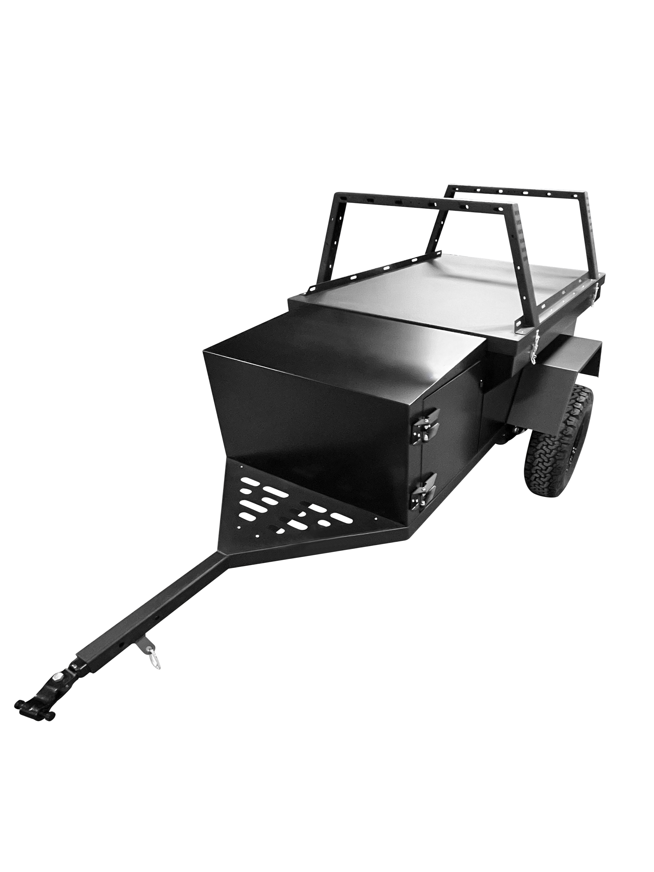 Rustic Mountain Overland PATROL XCT off-road trailer parked on rugged terrain, showcasing its durable rugged design and outdoor readiness.
