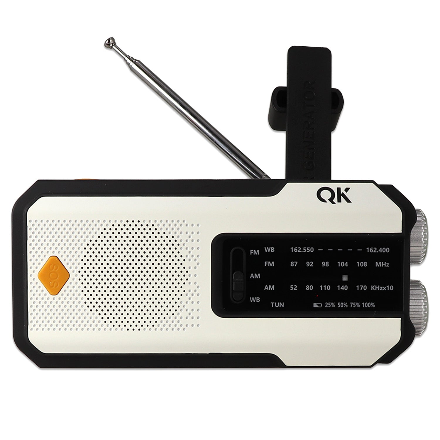 Pearlescent white NOAA emergency radio with solar panel, hand crank, USB charging, and built-in flashlight for weather updates.