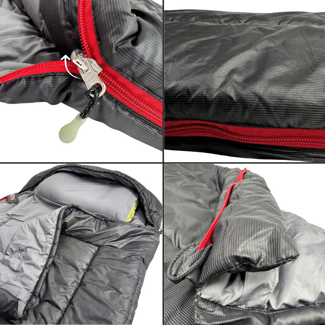 Near Zero Outdoor Gear Peralta 25 synthetic sleeping bag laid out on a camping ground, showing its rectangular shape and insulation material.