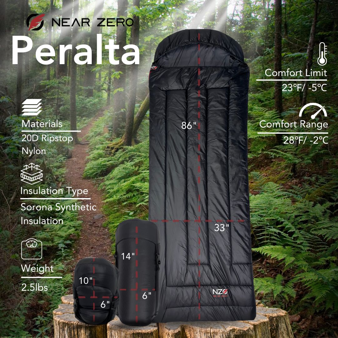 Near Zero Outdoor Gear Peralta 25 synthetic sleeping bag, lightweight and insulated for outdoor camping and backpacking.