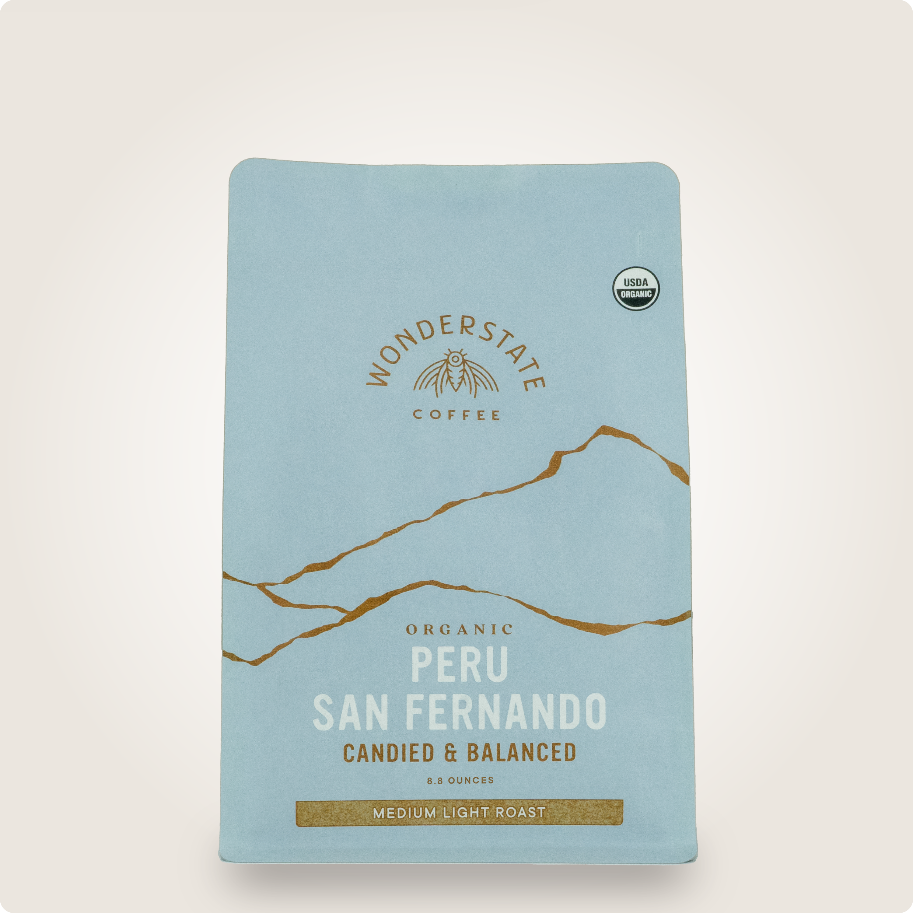 Front view of Wonderstate Coffee Organic Peru San Fernando coffee bag showing the label and packaging design.