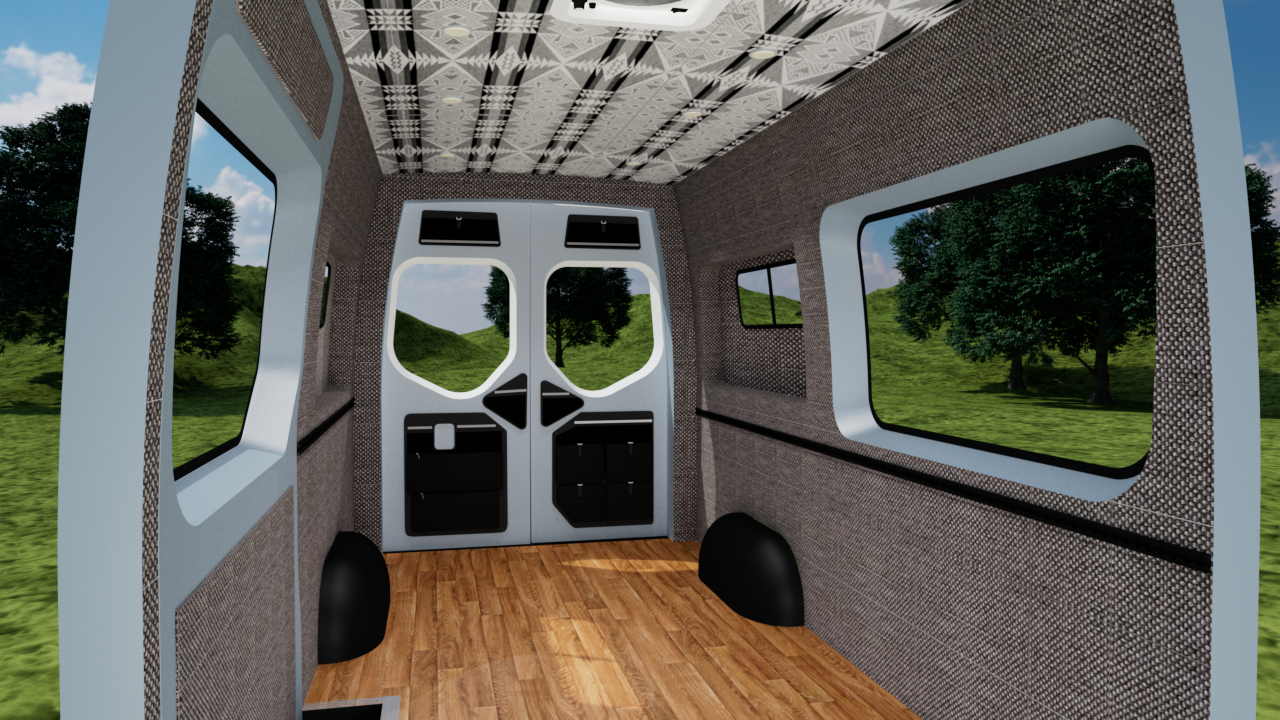 Mercedes Sprinter 170" high roof interior panel kit by Alpine Van Works with custom pewter ceiling panels and wall coverings.
