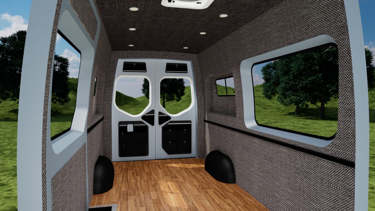 Mercedes Sprinter 144" high roof interior panel kit by Alpine Van Works, LLC, featuring pewter gray heather ceiling and wall panels