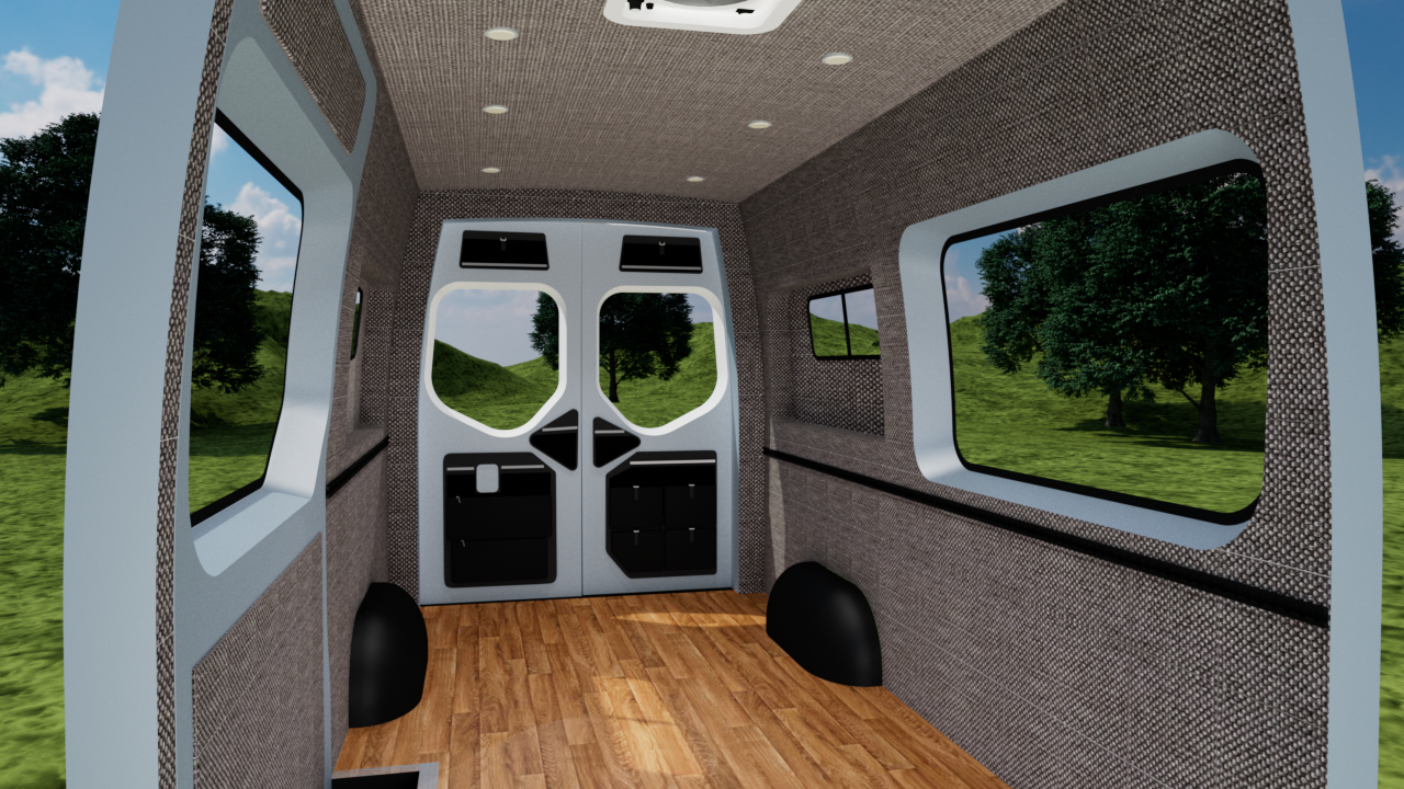 Mercedes Sprinter 144" high roof interior panel kit by Alpine Van Works, LLC, featuring pewter walls, grey ceiling, and wall panels.