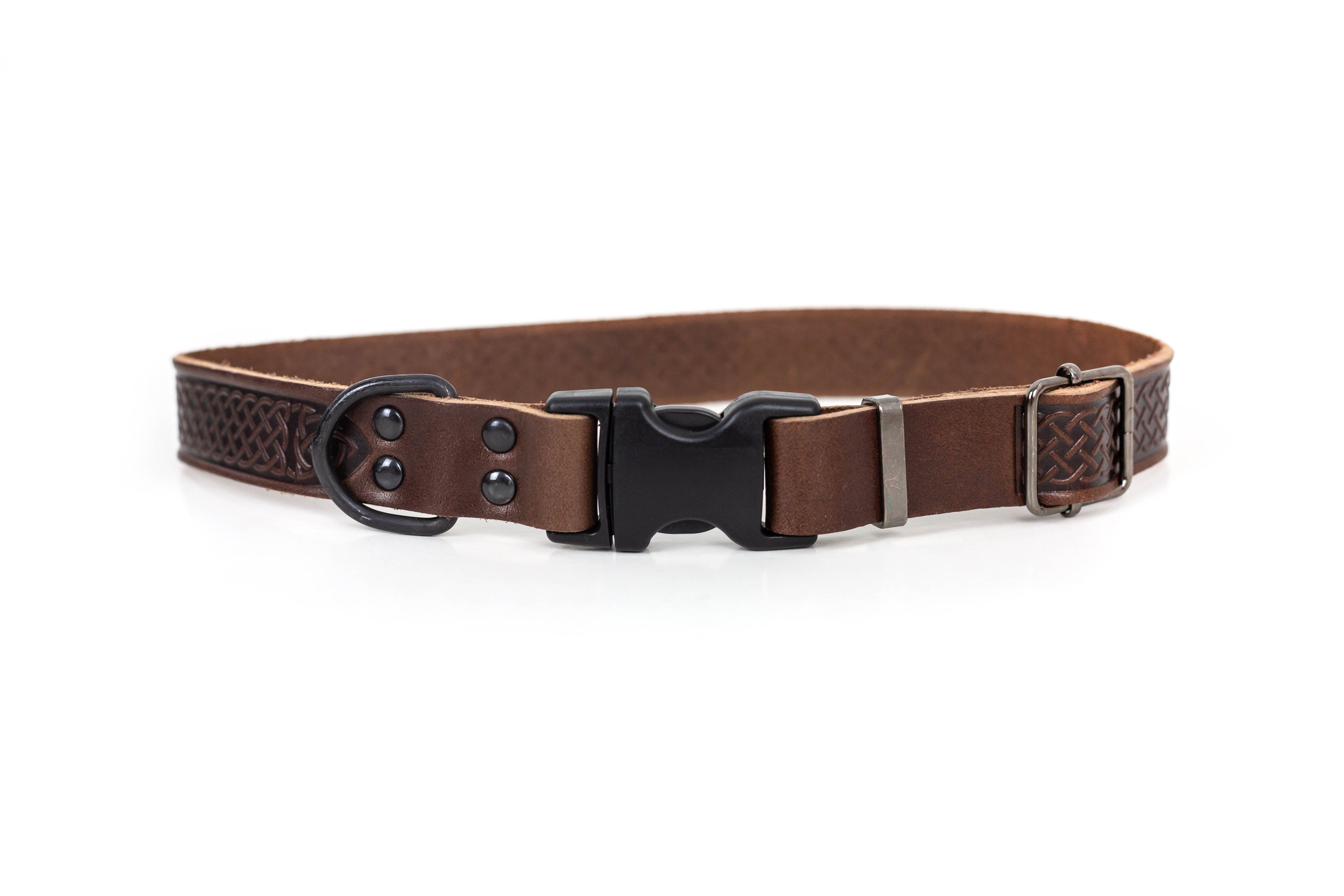 Euro-Dog Collars Celtic Sport chocolate leather dog collar with sturdy buckle and decorative Celtic design, suitable for medium to large dogs.
