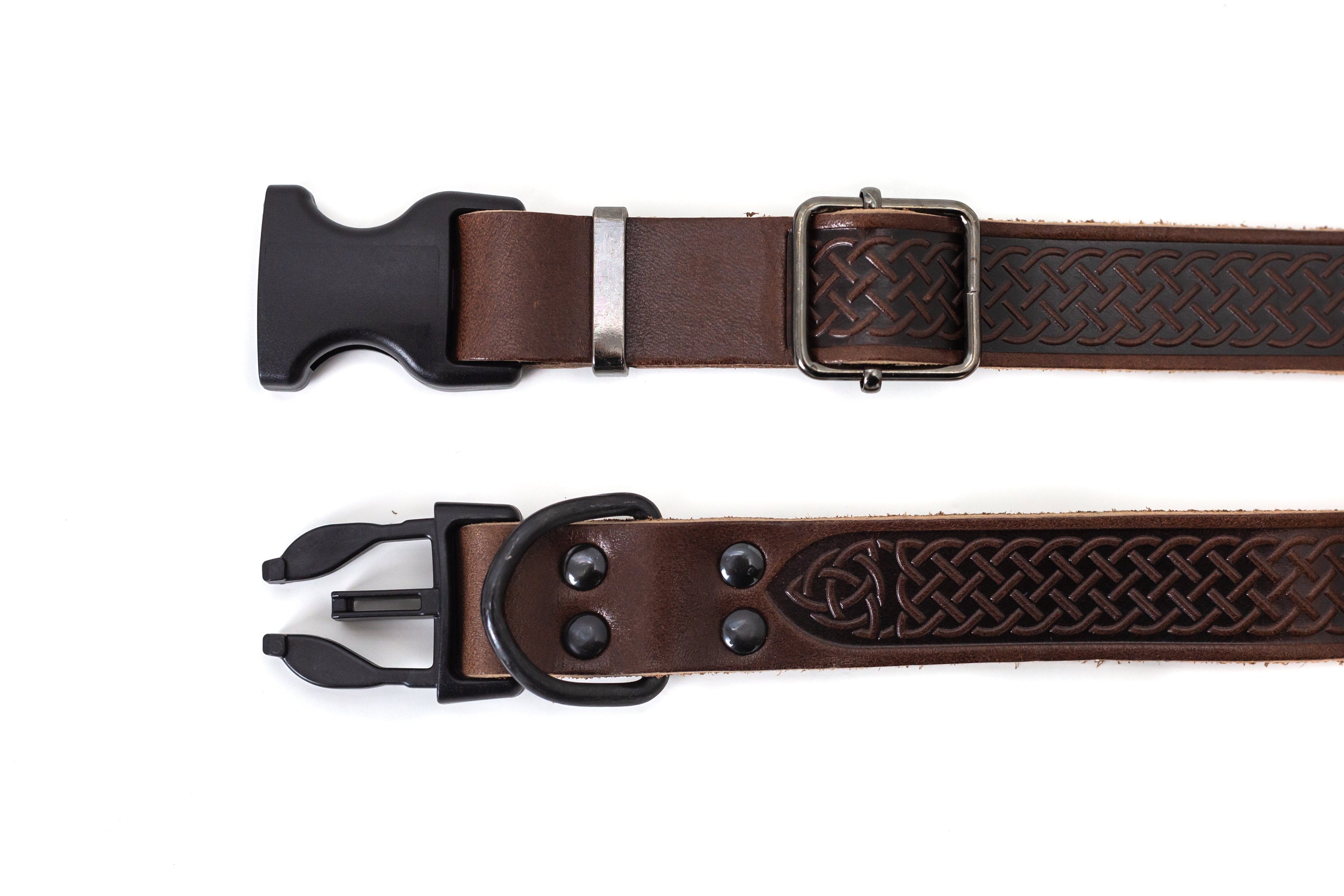 Celtic Sport chocolate leather dog collar by Euro-Dog Collars, showing a durable, stylish leather collar with Celtic design details.