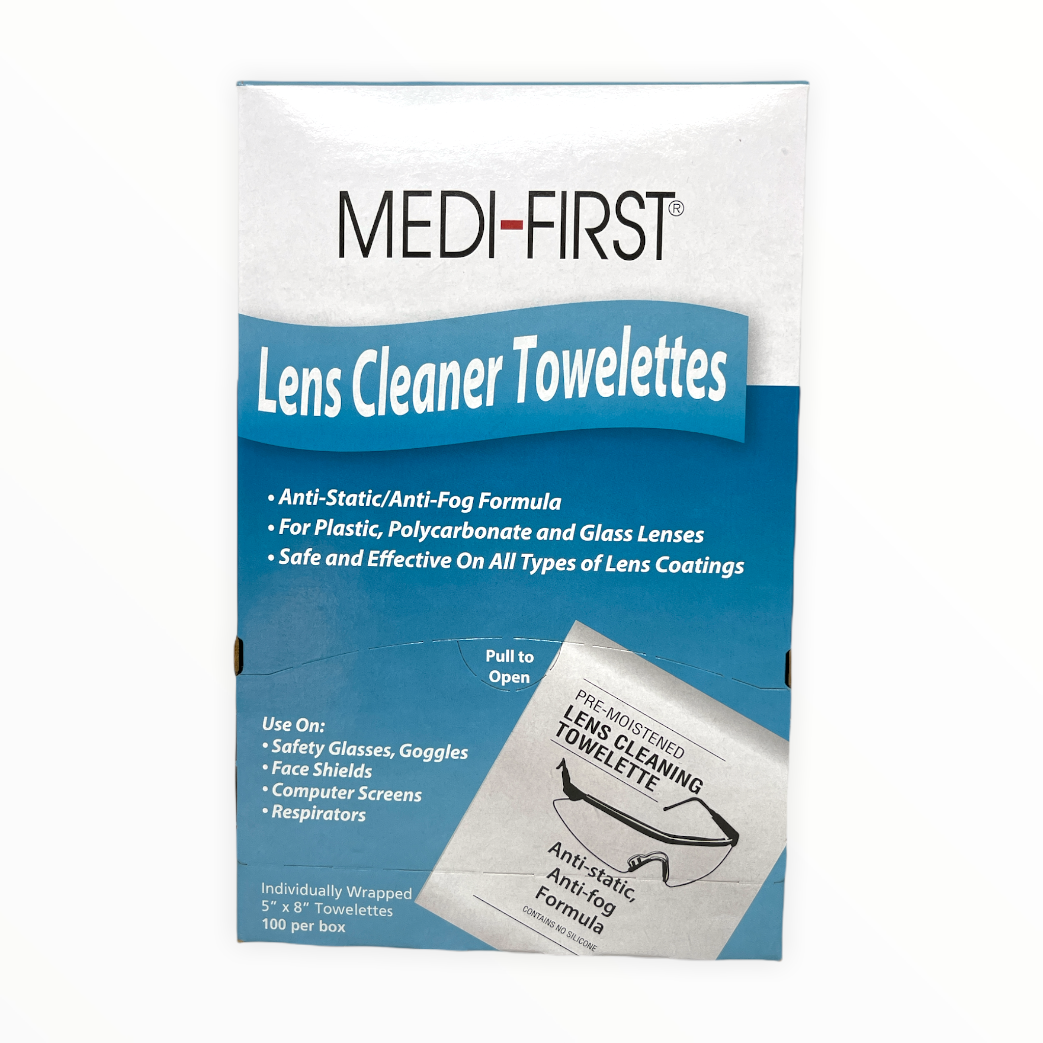 Alpenglow Lens Cleaner Towelettes in a pack, ideal for cleaning glasses and lenses, shown on a clean surface.