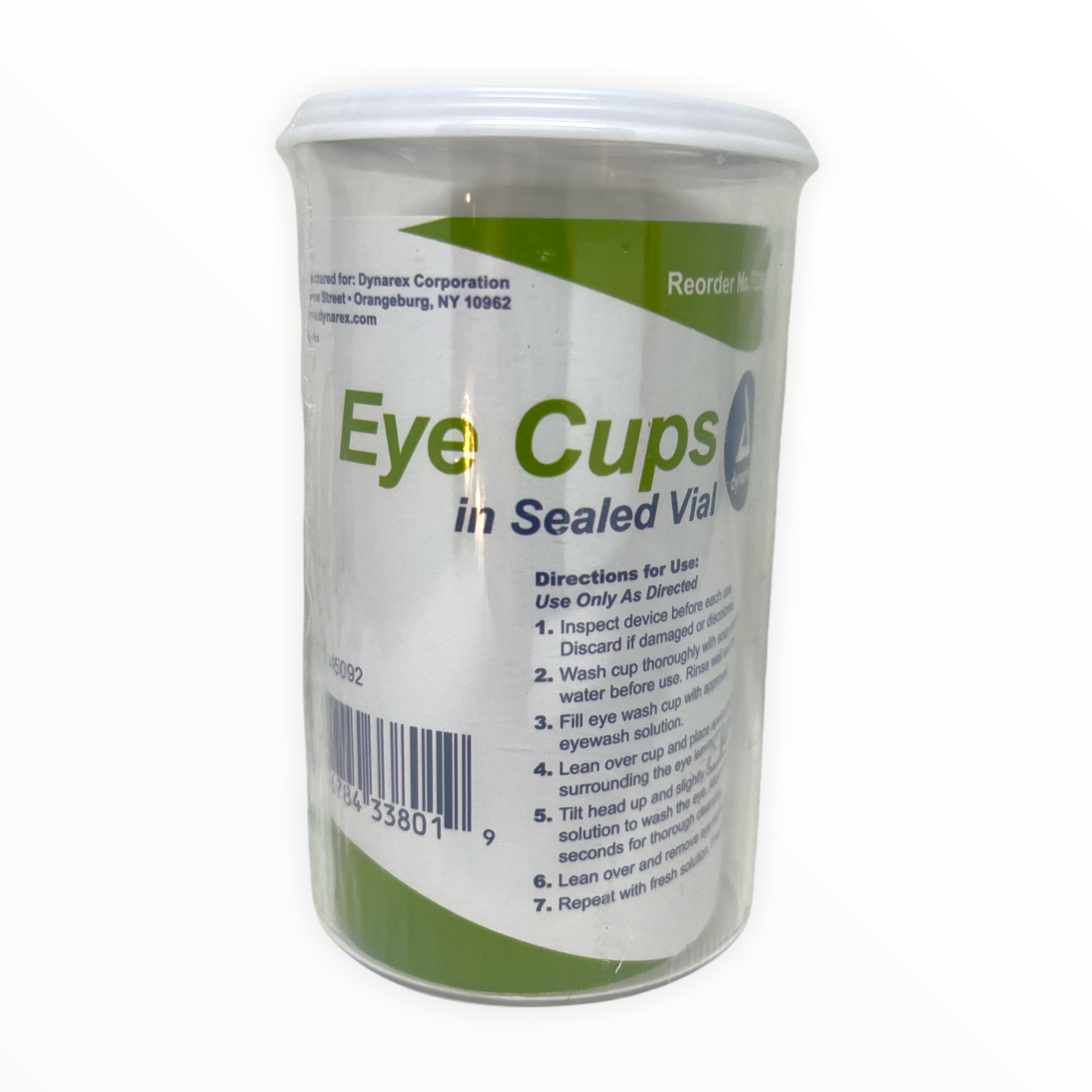 Plastic vial of Alpenglow Medique eye cups for first aid supplies, featuring a clear design and secure lid.