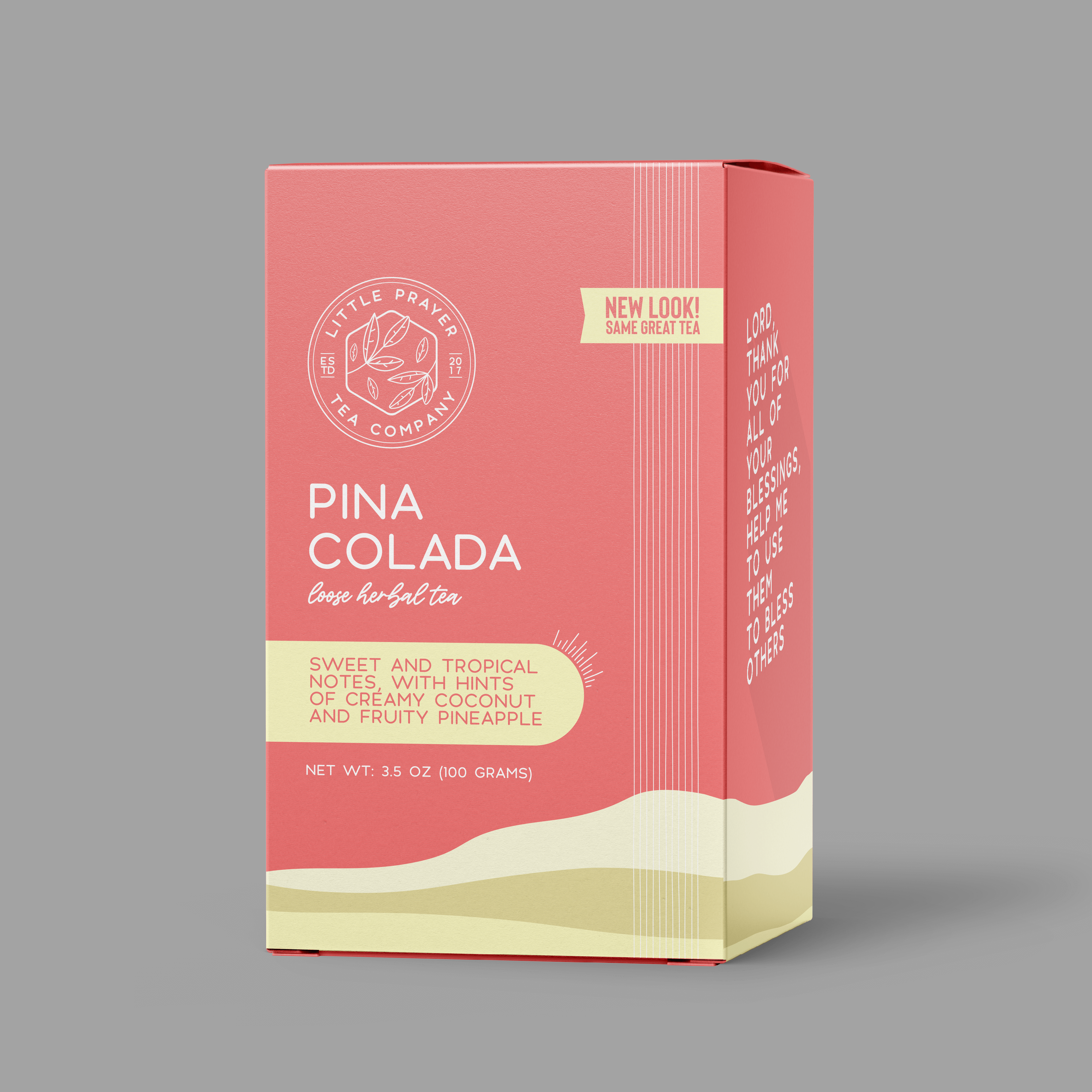 Herbal tea pouch labeled Pina Colada from Little Prayer Tea Company, featuring tropical-inspired packaging and herbal tea blend.