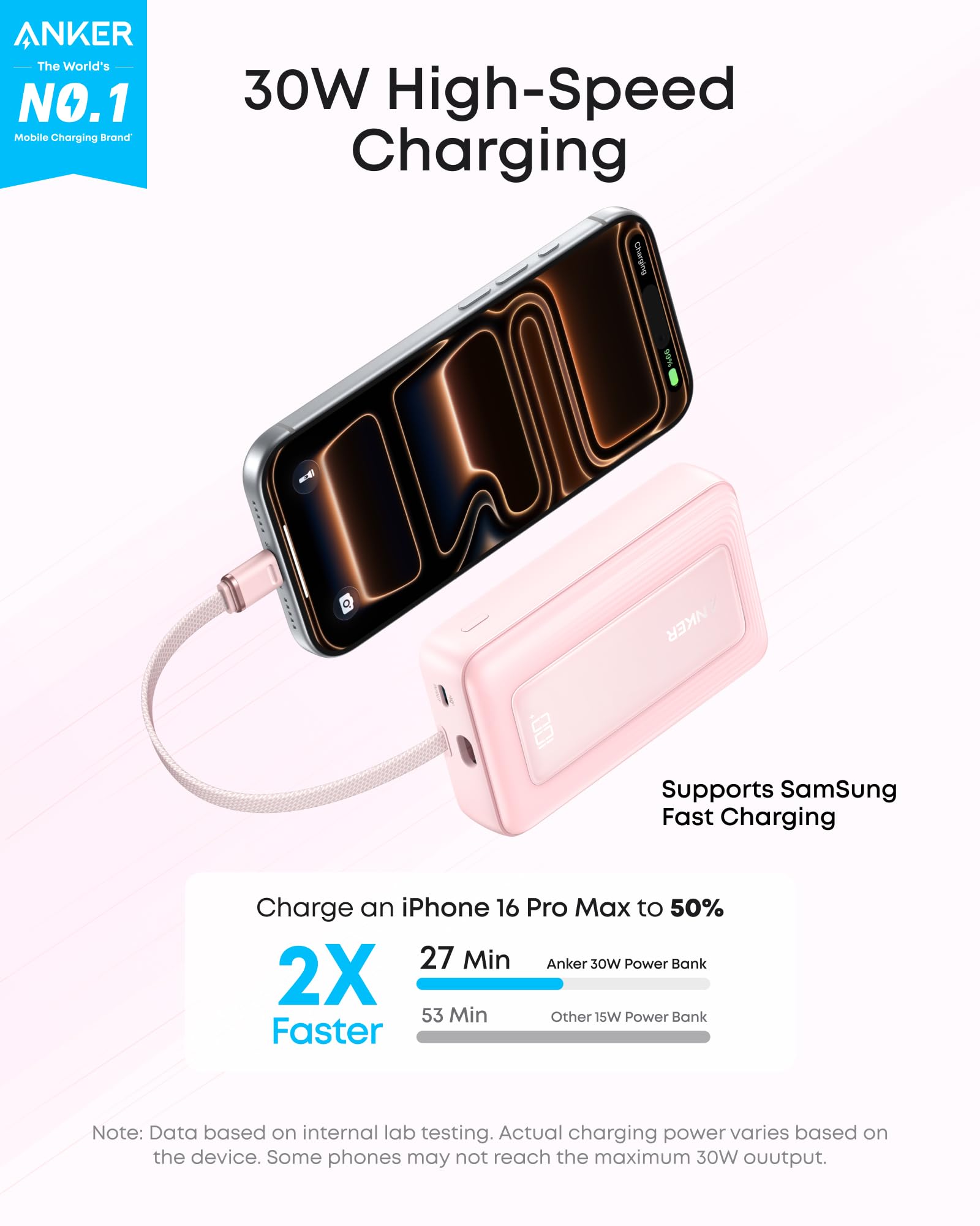 Anker Zolo Power Bank 10K with 30W charging and built-in 5.4-inch USB-C cable, in pink.